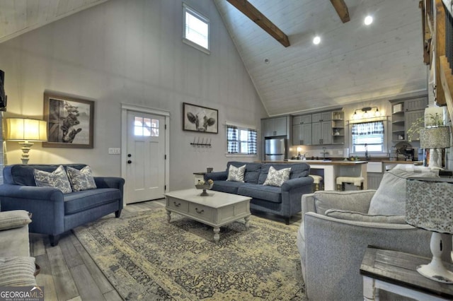 517 Monet Dr Unit 1144R, Ellijay, GA 30540 - living room with high vaulted ceiling, wood-type flooring, wooden ceiling, and recessed lighting