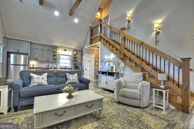 517 Monet Dr Unit 1144R, Ellijay, GA 30540 - living area featuring wood finished floors, high vaulted ceiling, stairs, and a wooden ceiling with exposed beams