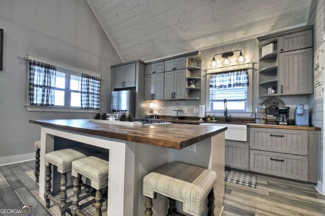 517 Monet Dr Unit 1144R, Ellijay, GA 30540 - kitchen featuring wood counters, open shelves, healthy amount of natural light, wooden ceiling, and high vaulted ceiling