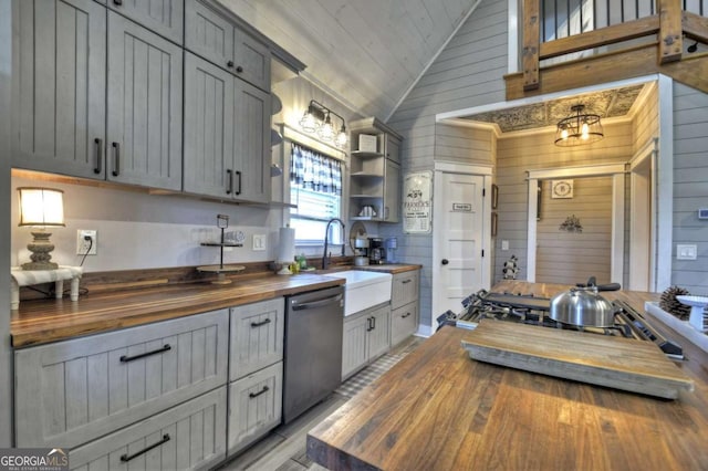 517 Monet Dr Unit 1144R, Ellijay, GA 30540 - kitchen featuring wooden counters, stainless steel dishwasher, lofted ceiling, light wood-style floors, and wood walls