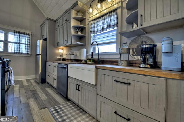 517 Monet Dr Unit 1144R, Ellijay, GA 30540 - kitchen with open shelves, appliances with stainless steel finishes, lofted ceiling, gray cabinets, and plenty of natural light
