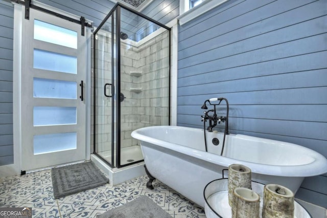 517 Monet Dr Unit 1144R, Ellijay, GA 30540 - full bathroom with a freestanding tub, a stall shower, wood walls, and tile patterned floors