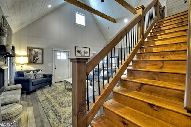 517 Monet Dr Unit 1144R, Ellijay, GA 30540 - stairway with high vaulted ceiling, hardwood / wood-style flooring, wooden ceiling, and recessed lighting