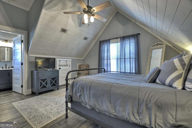 517 Monet Dr Unit 1144R, Ellijay, GA 30540 - bedroom with wood finished floors, lofted ceiling, ensuite bath, and a ceiling fan