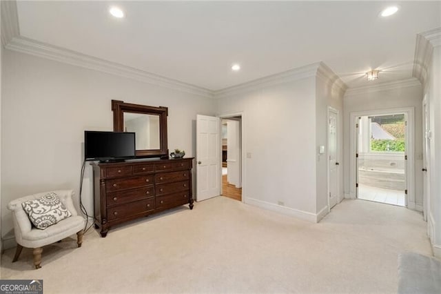 5520 Glen Errol Rd, Atlanta, GA 30327 - bedroom with light colored carpet, ornamental molding, recessed lighting, and ensuite bath
