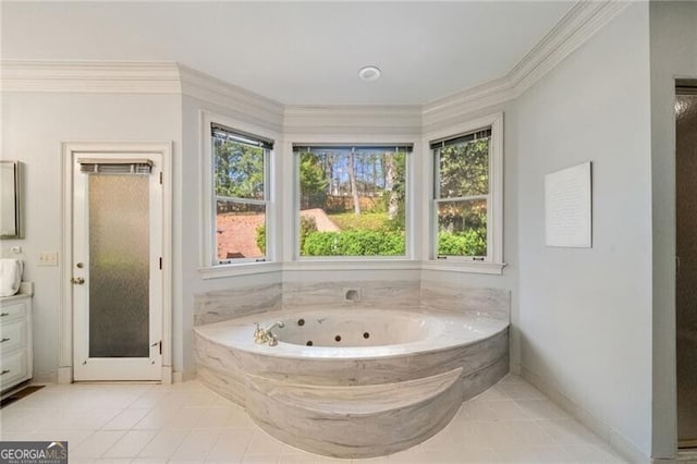 5520 Glen Errol Rd, Atlanta, GA 30327 - full bathroom with vanity, tile patterned flooring, a whirlpool tub, and ornamental molding