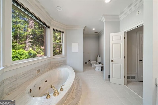 5520 Glen Errol Rd, Atlanta, GA 30327 - full bath with a bidet, ornamental molding, a whirlpool tub, tile patterned flooring, and recessed lighting