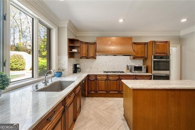5520 Glen Errol Rd, Atlanta, GA 30327 - kitchen featuring custom exhaust hood, stainless steel appliances, brown cabinetry, open shelves, and ornamental molding
