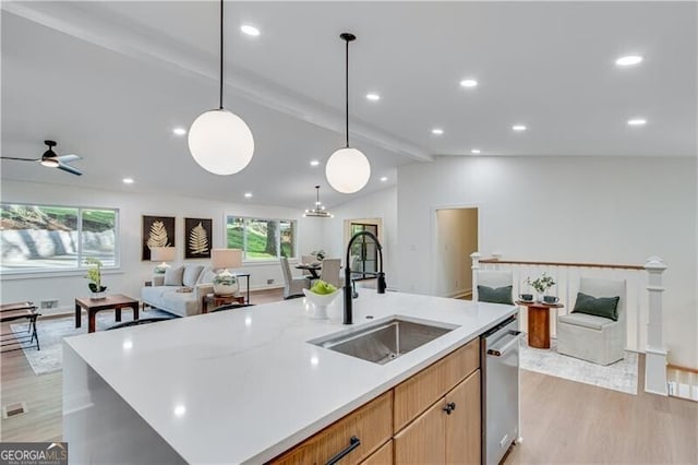 808 Sherwood Rd, Gainesville, GA 30501 - kitchen with open floor plan, light wood-style flooring, light countertops, a center island with sink, and recessed lighting