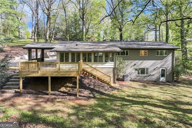 808 Sherwood Rd, Gainesville, GA 30501 - rear view of property featuring stairway, a deck, a yard, and view of wooded area