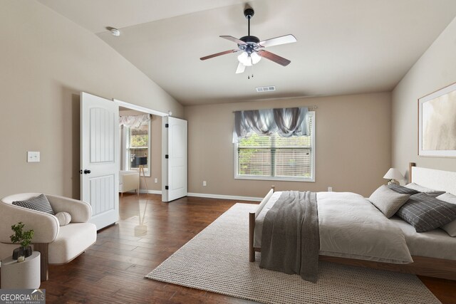 4580 Orchard Ridge Ct, Cumming, GA 30028 - bedroom with baseboards, dark wood finished floors, a ceiling fan, visible vents, and lofted ceiling