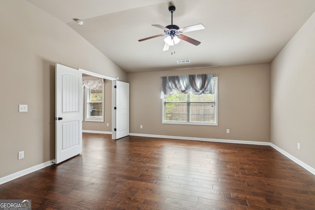 4580 Orchard Ridge Ct, Cumming, GA 30028 - empty room with ceiling fan, dark wood-type flooring, visible vents, lofted ceiling, and baseboards