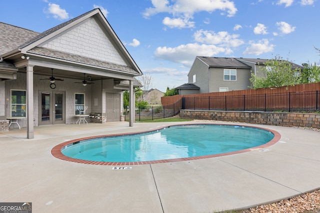 4580 Orchard Ridge Ct, Cumming, GA 30028 - view of pool featuring a ceiling fan, a patio area, fence, french doors, and a fenced in pool