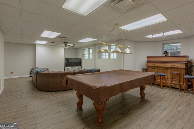 516 Turner Rd, Concord, GA 30206 - game room with a paneled ceiling, light wood-style flooring, ceiling fan, billiards, and a dry bar