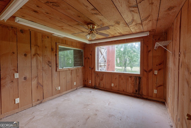 516 Turner Rd, Concord, GA 30206 - empty room with a ceiling fan, wood ceiling, wood walls, and baseboards