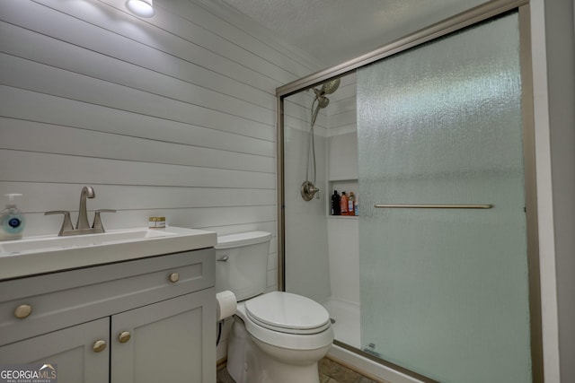 480 Friar Tuck Cir, Covington, GA 30014 - full bathroom featuring a shower stall, wood walls, vanity, and toilet