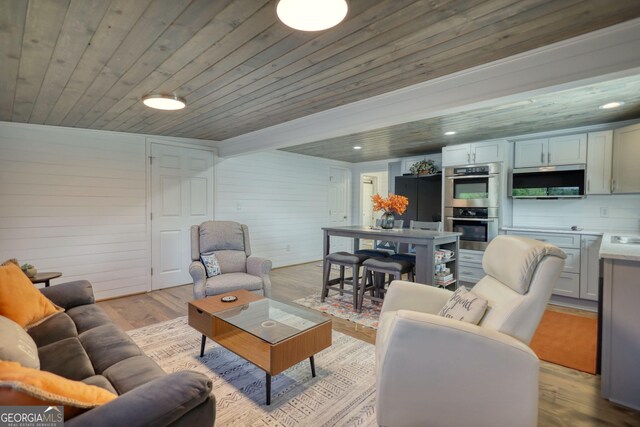 480 Friar Tuck Cir, Covington, GA 30014 - living area featuring wooden walls, light wood-style floors, and wood ceiling
