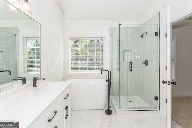 8660 Anchor On Lanier Ct, Gainesville, GA 30506 - full bath with vanity, a freestanding tub, a shower stall, and marble finish floors