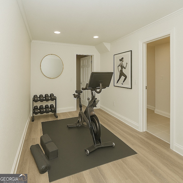8660 Anchor On Lanier Ct, Gainesville, GA 30506 - exercise area featuring crown molding, wood finished floors, recessed lighting, and baseboards
