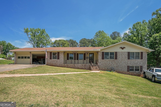 ranch-style house with an attached garage, brick siding, driveway, and covered porch