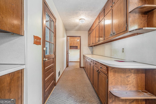 interior space featuring light countertops, brown cabinetry, a textured ceiling, and light colored carpet