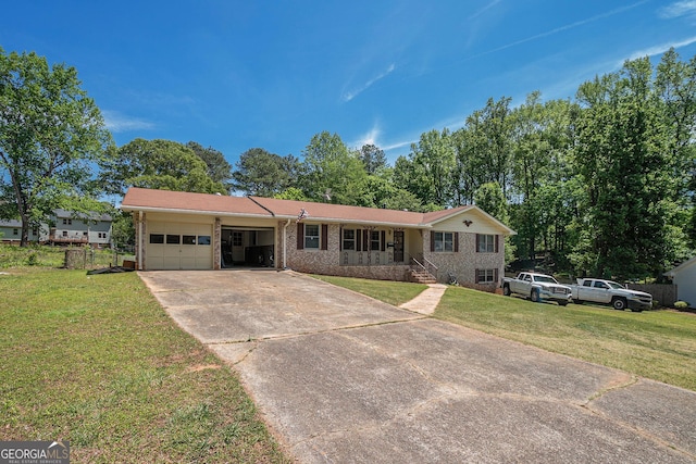 single story home with concrete driveway, brick siding, a front yard, and a garage