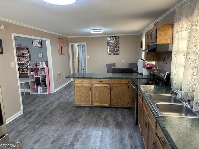 kitchen featuring a peninsula, dark countertops, brown cabinets, a sink, and electric range oven