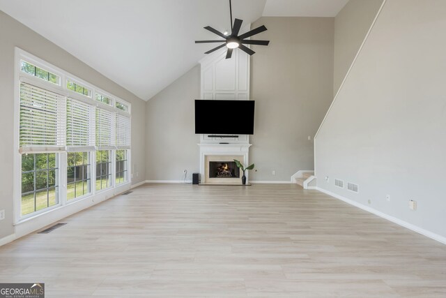2635 Stonehill Dr, Cumming, GA 30041 - unfurnished living room with a large fireplace, visible vents, high vaulted ceiling, and a ceiling fan