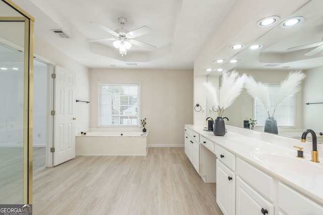 2635 Stonehill Dr, Cumming, GA 30041 - bathroom with a tray ceiling, wood finished floors, ceiling fan, and a sink