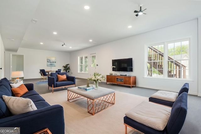 2635 Stonehill Dr, Cumming, GA 30041 - living room featuring recessed lighting, visible vents, baseboards, and carpet floors