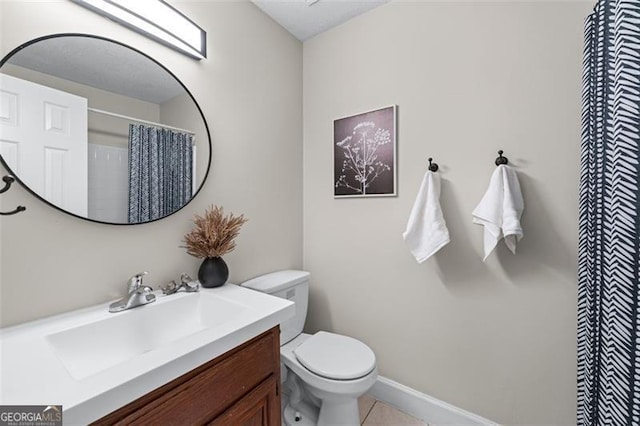 full bath with vanity, baseboards, curtained shower, tile patterned flooring, and toilet