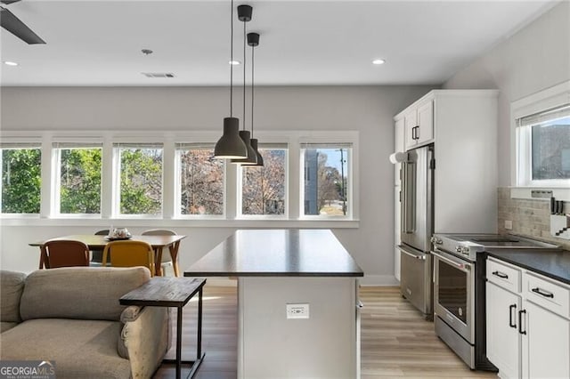 kitchen featuring backsplash, high end appliances, white cabinets, visible vents, and light wood finished floors