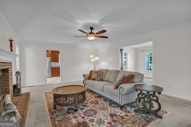 living room featuring ornamental molding, baseboards, a ceiling fan, and light colored carpet