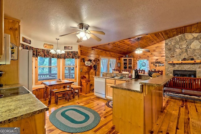 kitchen featuring a textured ceiling, light wood finished floors, dishwasher, and ceiling fan with notable chandelier