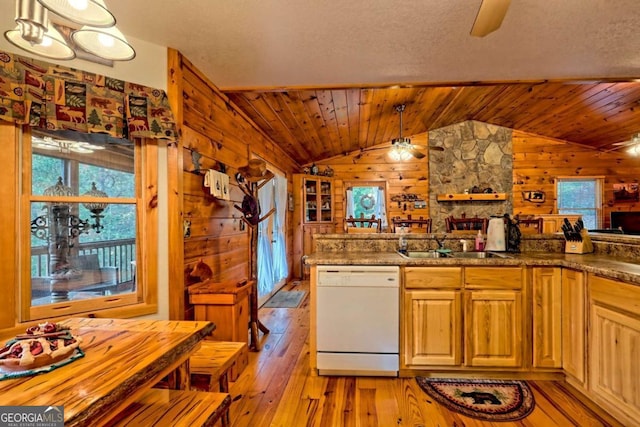 kitchen with wood walls, ceiling fan, and dishwasher
