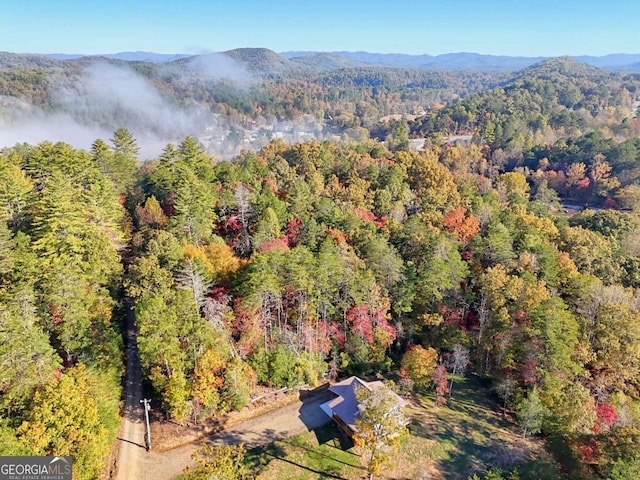 aerial view featuring a mountain view and a forest view