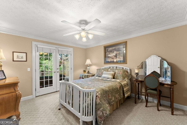 bedroom with ornamental molding, french doors, baseboards, and access to outside