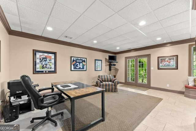 tiled home office with ornamental molding, baseboards, recessed lighting, and visible vents