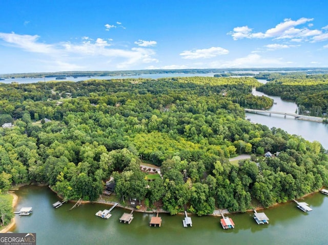 drone / aerial view with a wooded view and a water view