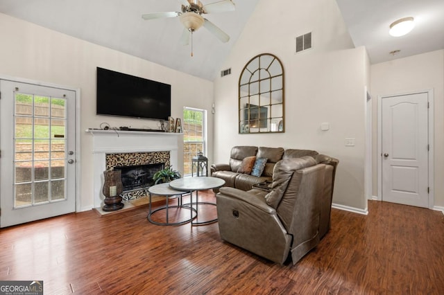 272 William Nye Dr SE, Atlanta, GA 30315 - living room with high vaulted ceiling, visible vents, a ceiling fan, and wood finished floors