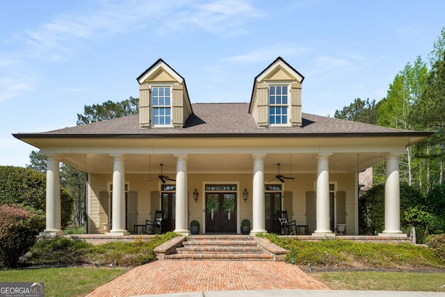240 Trotters Rdg, Fayetteville, GA 30215 - view of front of home featuring french doors, a ceiling fan, covered porch, and roof with shingles