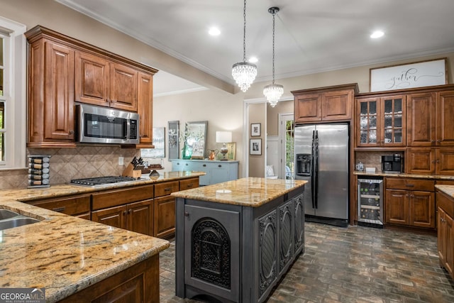 240 Trotters Rdg, Fayetteville, GA 30215 - kitchen with brick floor, beverage cooler, brown cabinetry, and appliances with stainless steel finishes