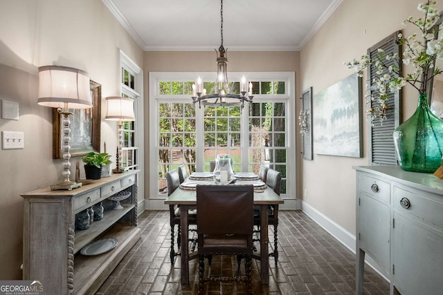 240 Trotters Rdg, Fayetteville, GA 30215 - dining space featuring a notable chandelier, brick floor, baseboards, and ornamental molding