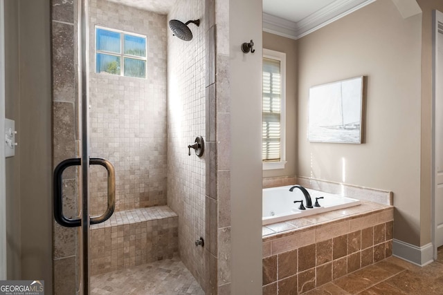 240 Trotters Rdg, Fayetteville, GA 30215 - full bath with a stall shower, crown molding, a tub with jets, and plenty of natural light