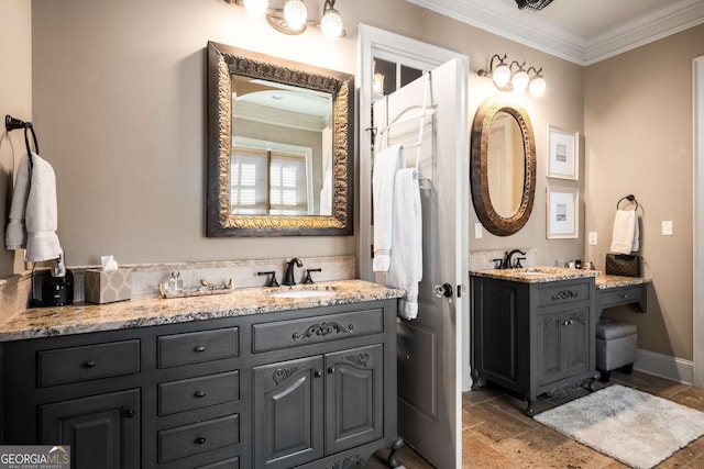 240 Trotters Rdg, Fayetteville, GA 30215 - full bath featuring vanity, stone tile floors, and ornamental molding