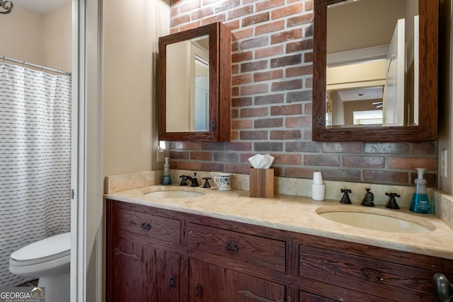 240 Trotters Rdg, Fayetteville, GA 30215 - bathroom with double vanity, curtained shower, a sink, and toilet
