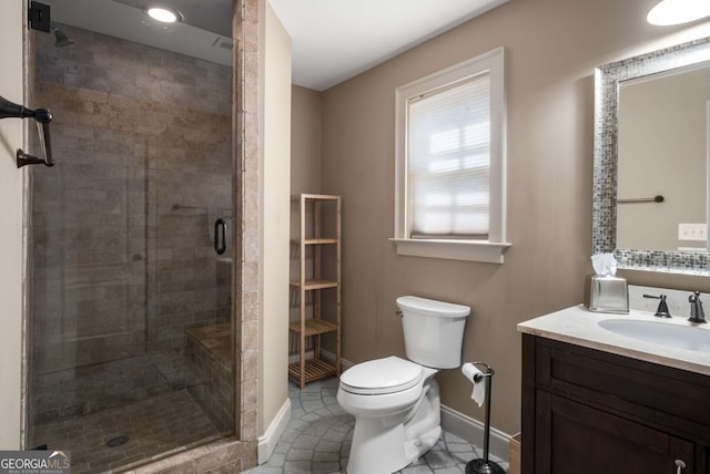 240 Trotters Rdg, Fayetteville, GA 30215 - bathroom with baseboards, toilet, vanity, tile patterned floors, and a stall shower
