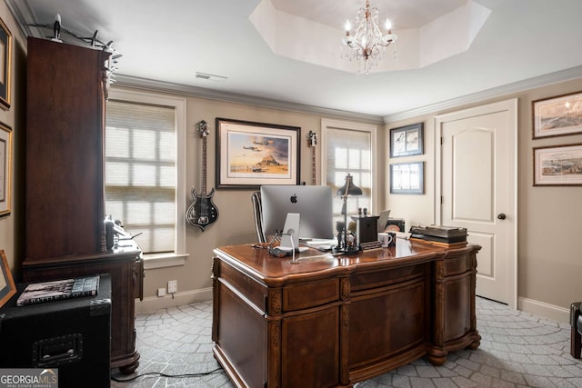 240 Trotters Rdg, Fayetteville, GA 30215 - home office with a notable chandelier, baseboards, a wealth of natural light, visible vents, and light colored carpet