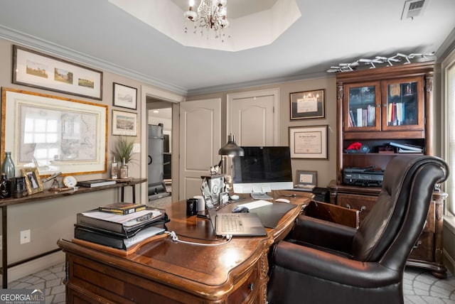 240 Trotters Rdg, Fayetteville, GA 30215 - office featuring crown molding, a notable chandelier, and visible vents