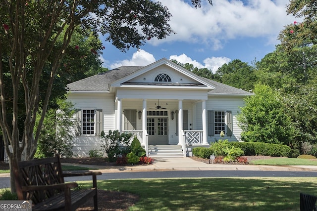 240 Trotters Rdg, Fayetteville, GA 30215 - greek revival house with a front yard, french doors, a porch, and ceiling fan